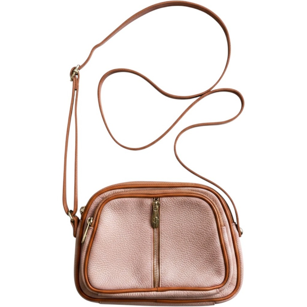 Valentina Italy Pink Pebbled Leather Crossbody Bag Triple Zip Tan Trim Small